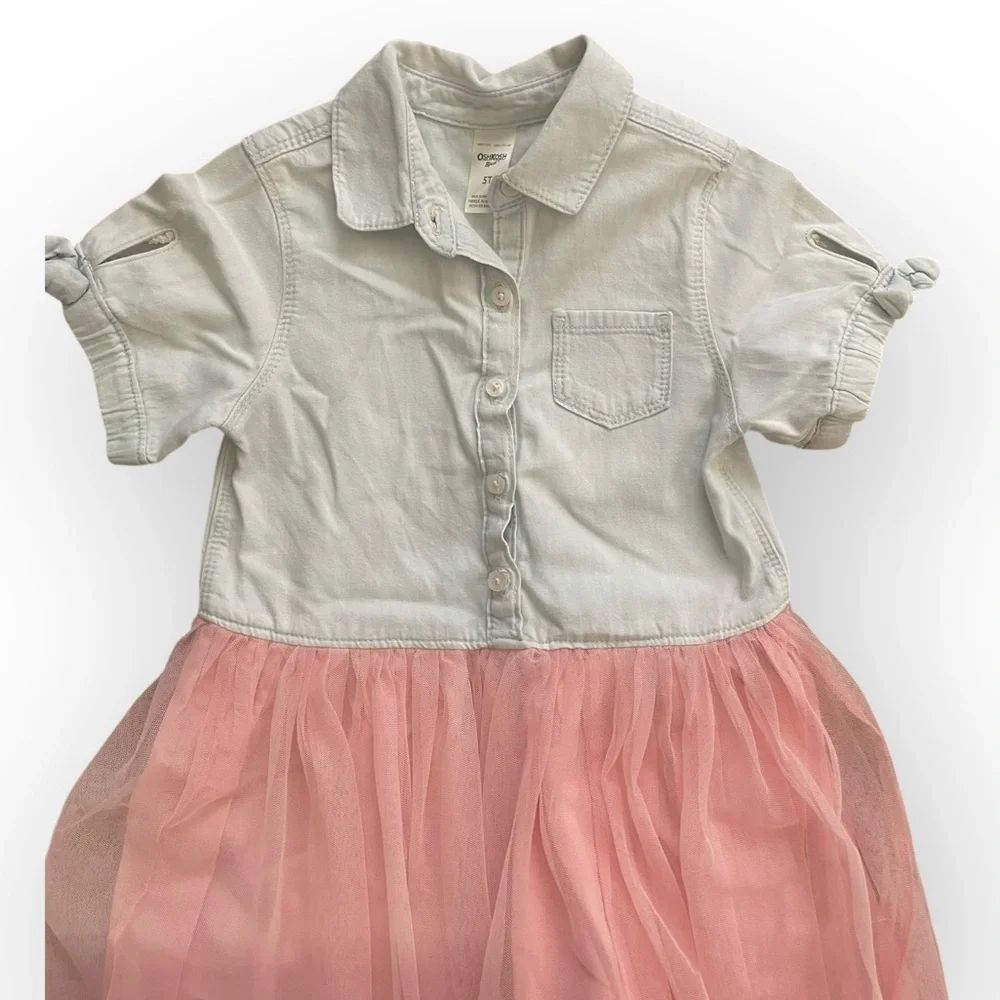 Oshkosh B’Gosh girls chambray button down tulle skirt short sleeve dress 5T pink